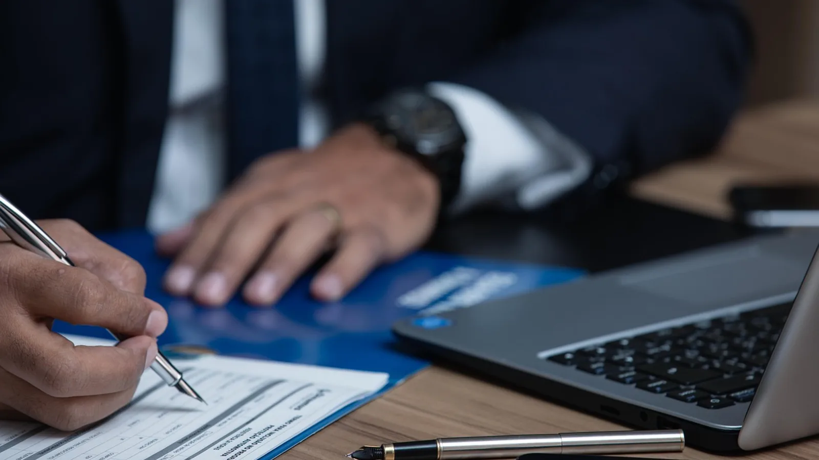 Close-up of a person in a suit signing an agreement at a desk next to a laptop.