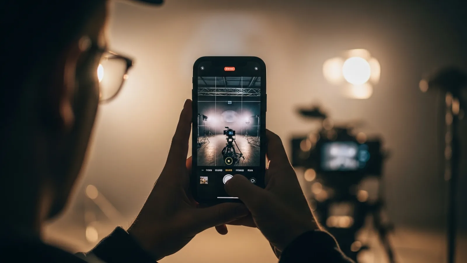 Person filming at a concert with a smartphone, surrounded by stage lights and spotlights.